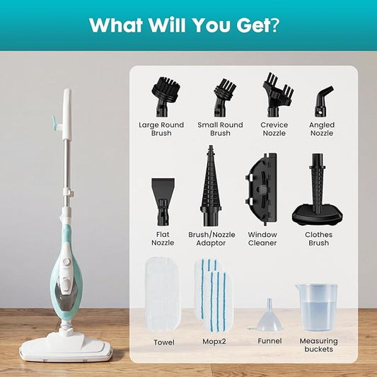 OLIXIS 10-in-1 Steam Mop, 1550W Detachable Handheld Steam Cleaner for Floor Cleaning, 16.4FT Cord, 2 Washable Pads, Multi-Purpose Floor Steamer for Hardwood, Carpet, Tile, Grout, Windows, White Green