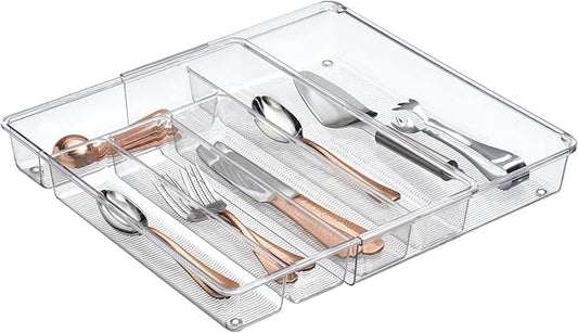 mDesign Adjustable, Expandable Plastic Kitchen Cabinet Drawer Storage Organizer Tray - for Storing Organizing Cutlery, Spoons, Cooking Utensils, Gadgets - 2" High - Clear