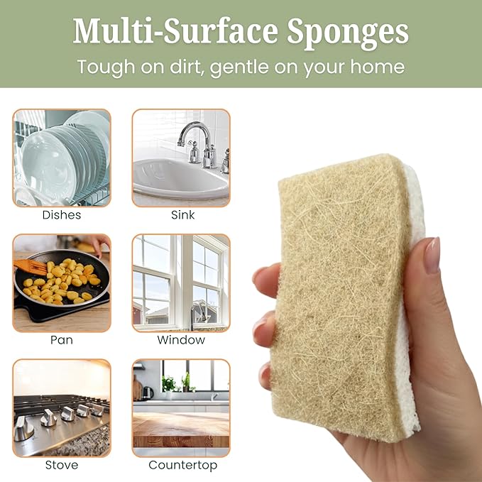 VIREO 12 Pack Eco Sponges – Natural Biodegradable Cellulose & Coconut Fiber Kitchen Scrubbers – Compostable, Odor-Free, Non-Scratch, Zero Waste Sponges for Dishwashing & Cleaning