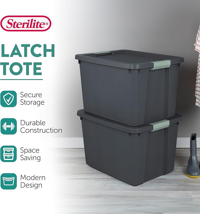 Sterilite 18 Pack 20 Gallon Latch Tote, Stackable Plastic Storage Bin Container, Gray/Green