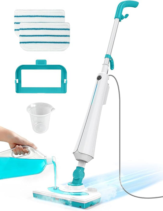 Professional Steam Mop Cleaner, 1300W Floor Steamer with Detergent Chamber, 25S Heat Up, Lightweight Steamer for Cleaning with 2 Washable Pads, Safe for Tiles, Upholstery, Carpet, Hardwood, Teal
