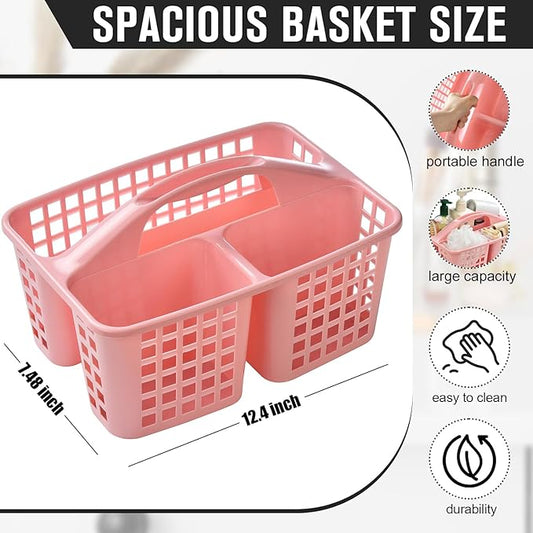 Haundry Plastic Shower Caddy Basket with 3 Compartments, Portable Divided Cleaning Supply Storage Organizer with Handle (Pink)