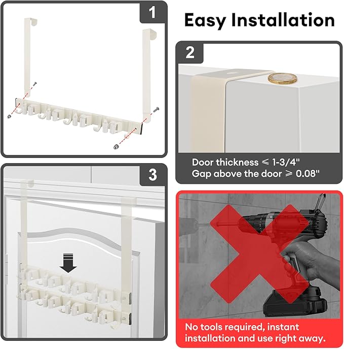Over Door Movable Broom and Mop Hanging Holder with Sliding 4 Rack 5 Hook, Metal Mop and Broom Holder Wall Mount with 2 Over Door Hook, Door Mount Storage Organizer for Closet Garage Laundry, White