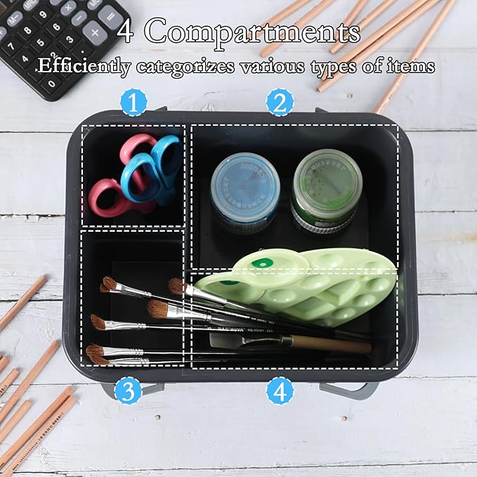 Plastic Divided Caddy Organizer with Handle, 4-Compartment Plastic Cleaning Caddy, Drak Gray