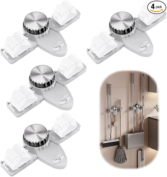 4 Pack Broom Holder Mop Hanger, No Drill Suction Cup Adjustable Organizer with Hooks Broom Hanger Organizer for Bathroom Kitchen Office Utility Room Laundry Home Garden Garage Storage Organizatin Rack