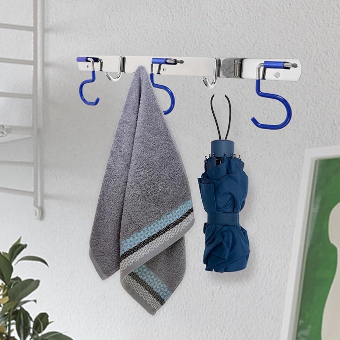 Stainless Steel Mop and Broom Holder Wall-Mounted Utility Hooks with 3 Mop Slots and 2 No-Drill Hooks for Bathroom Towel Storage and Home Organization