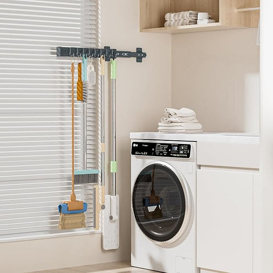 Pull Out Broom Holder With Adjustable Row Sliding Hook, Multifunctional Slide Broom And Mop Storage/Organizer Garage Organization Hooks, for Closet Laundry Garage - Dark grey - 36cm/14.17in