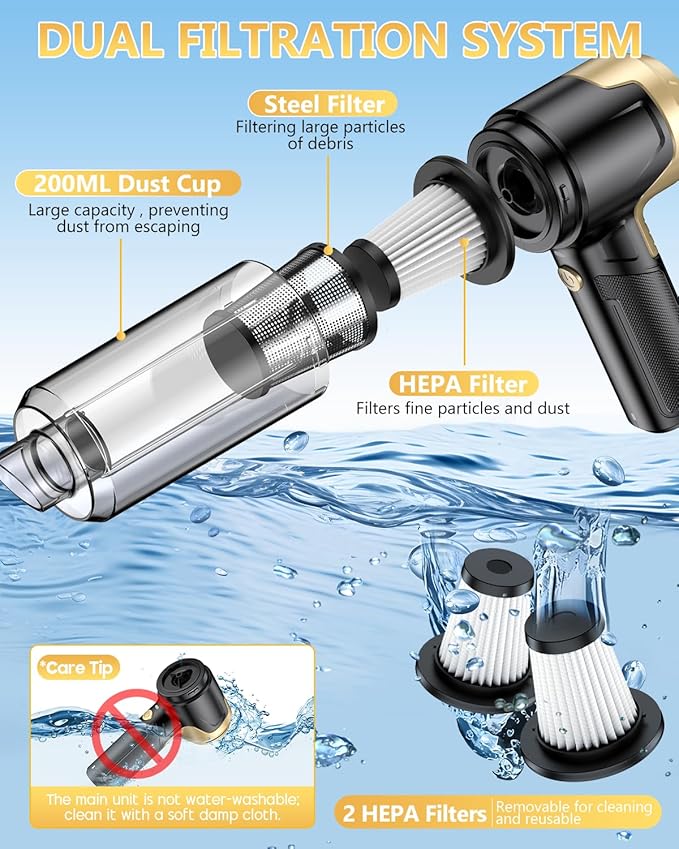 EYYA Handheld Car Vacuum Cleaner Cordless, 15000PA High Power Vacuum & Air Duster, 4-in-1 Portable Mini Vacuum with LED Light, Hand Held Vacuum Cleaner for Car Home Office