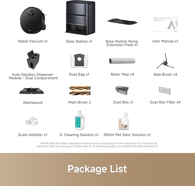 Mova Z60 Ultra Roller Complete Robot Vacuum and Mop, 28,000Pa Suction, 3.14in Obstacle Crossing, AutoShield for Carpet Protection, Zero Tangling Duobrush, Extendable Roller & Side Brush