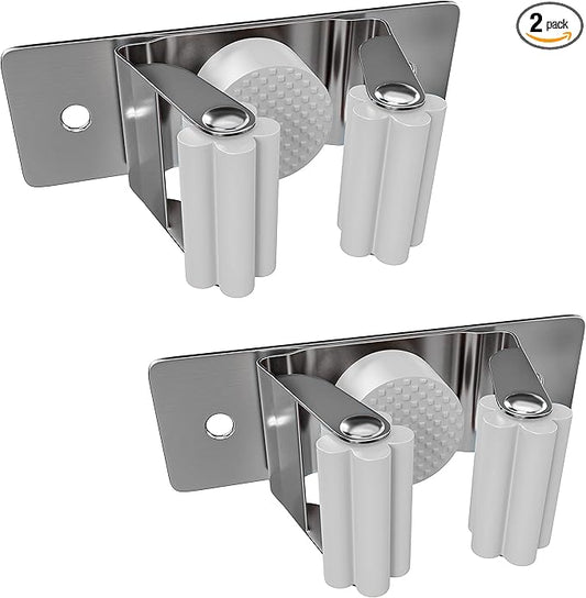 Self Adhesive Broom and Mop Holder Wall Mounted – SUS304 Stainless Steel 2-Slot Organizer with Anti-Slip Rubber Grips, 25lb Load, Adjustable for 0.6–1.4" Handles, Garage Kitchen Bathroom Use, 2 Pack