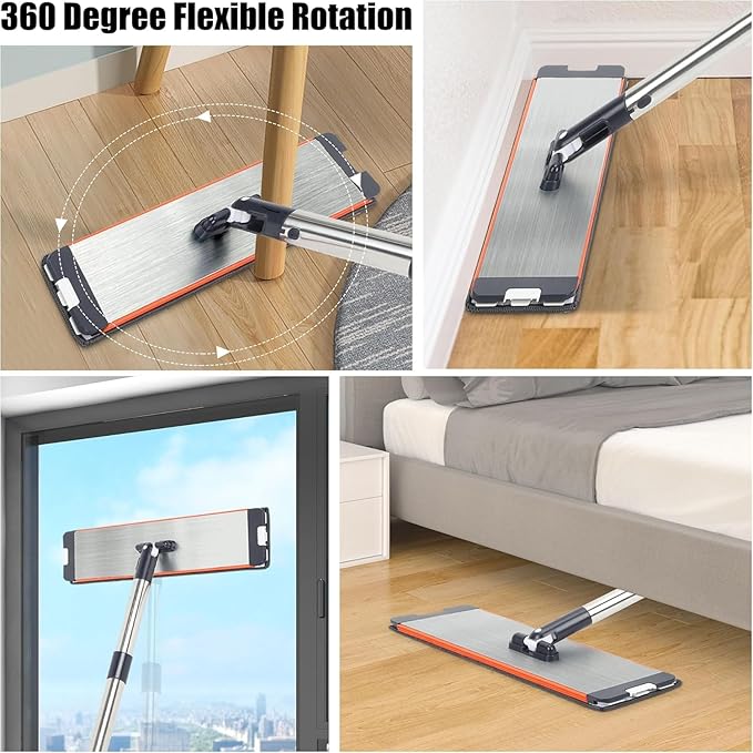 Easywring Washable Mop and Bucket with Wringer Set for Home, Durable and Sturdy Aluminum Flat Mop Head, 2-Chamber, Wet and Dry for All Surfaces, with 8 Reusable Microfiber Mop Pads 13 inch (16 Inch)