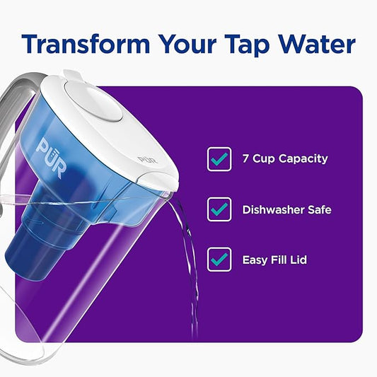 PUR 7-Cup Water Filter Pitcher, Cleaner, Great-Tasting Water, Dishwasher Safe, Powerful, Faster Filtration, LockFit Cap Design - White