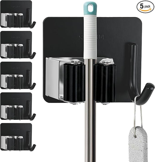 5 Pack Mop and Broom Holder Wall Mount, Stainless Steel Mop and Broom Hanger with Hooks, Mop Broom Organizer for Closet Laundry Garage Garden Tool Organizer (Black)