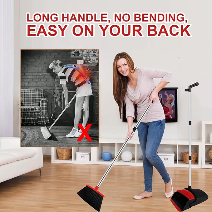 Broom and Dustpan Set for Household, Red Broom with Dustpan Combo Set, 51" Long Handle Dust pan Set for Dog Cat and Hair Clean