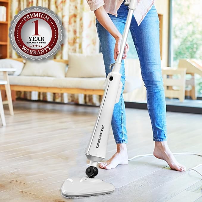 OVENTE Electric Steam Mop Cleaner, 1300W Floor Steamer with Swivel Head, Refillable Water Tank and Washable Microfiber Pad for Cleaning Carpet, Hardwood, Laminate Floor, Tiles and Grout, White ST405W