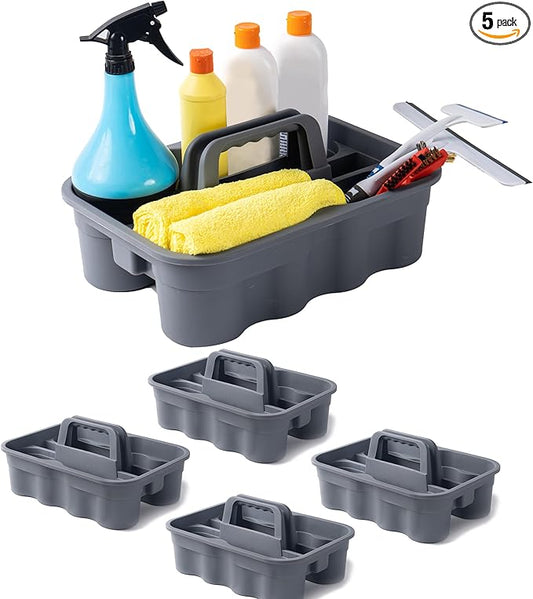 Matthew 5 Pack Large Plastic Tote Tool & Deluxe Supply Cleaning Caddy with Handle Portable Shower Basket Storage Caddy for Cleaning Products,Take-Out Drink,Bathrooms - Gray