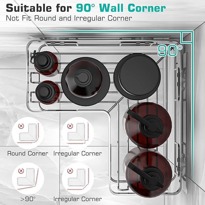 YASONIC Corner Shower Caddy, 3-Pack Adhesive Bathroom Caddy with Soap Holder and 12 Hooks, Rustproof Stainless Steel Shower Organizer, No Drilling Wall Mounted Shower Rack, Brushed Silver