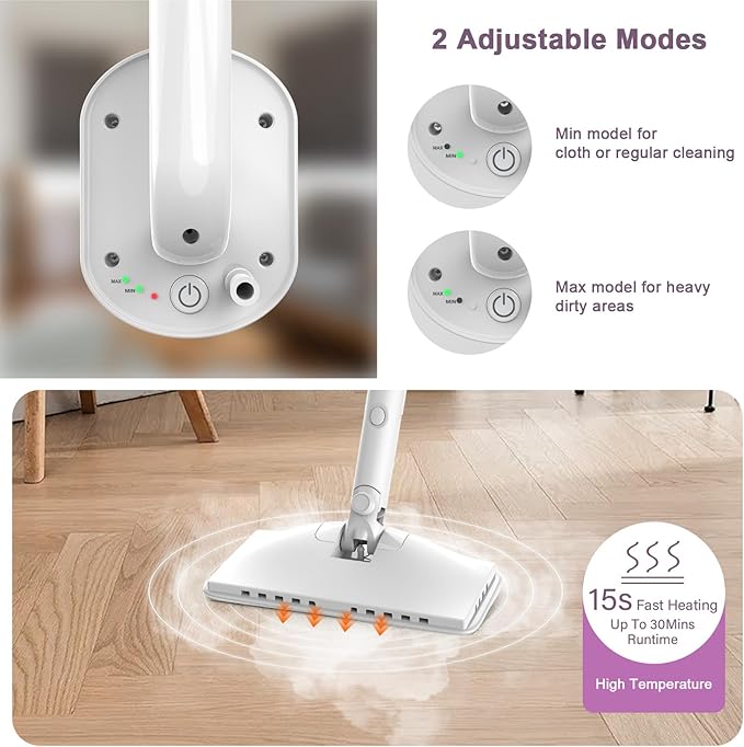 7-in-1 Steam Mop, 1200W Rotated Steam Cleaner for Home, 2 Modes, 400ML Removable Tank, 23FT Power Cord, 2 Pads, Multi-Surface Steamer for Hard Floor, Laminate Floor, Tiles Cleaning (Snow White)