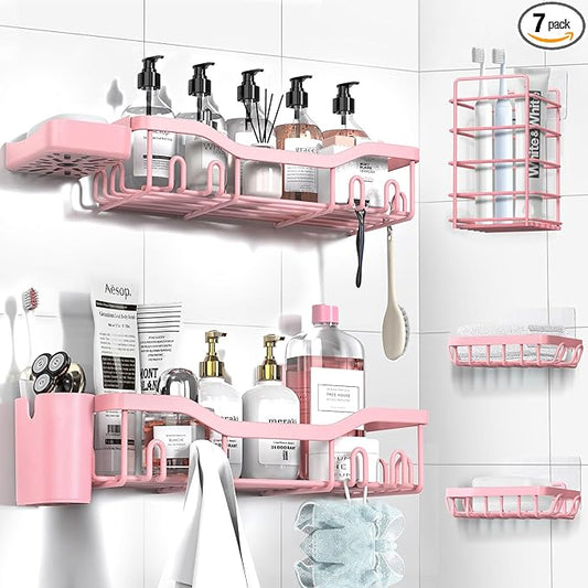 Shower Caddy Adhesive Shower Organizer 7-Pack, Rustproof Stainless Steel Bathroom Shelves, Large Capacity No-Drill Rack Storage Accessories with Soap Dish Toothbrush Holder Hooks