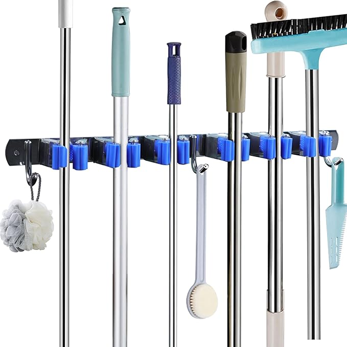 BigKing Mop Broom Holder Wall Mounted,6 Racks 3 Hooks Heavy Duty Stainless Steel Broom and Mop Hangers,Garage Storage Rack & Garden Tool Organizer, Self-adhesive/Screw Drilling