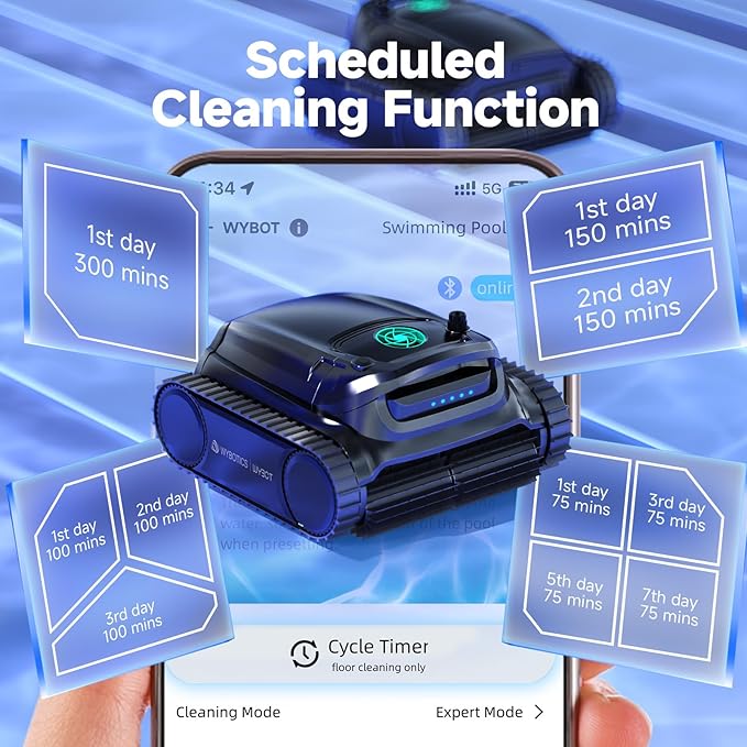 WYBOT M1 Robotic Pool Vacuum Cleaner, 7 Modes & 6 Paths, Dual Filtration, App Control, 120W Brushless Motor, 10,000mAh Battery, 300mins Runtime, Covers 4,305 Sq.Ft, Black&Green