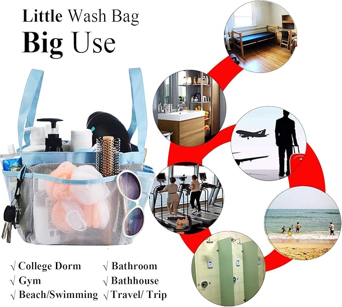 Haundry Mesh Shower Caddy Tote, Large College Dorm Bathroom Caddy Organizer with Key Hook and 2 Oxford Handles, 8 Basket Pockets for Camp Gym