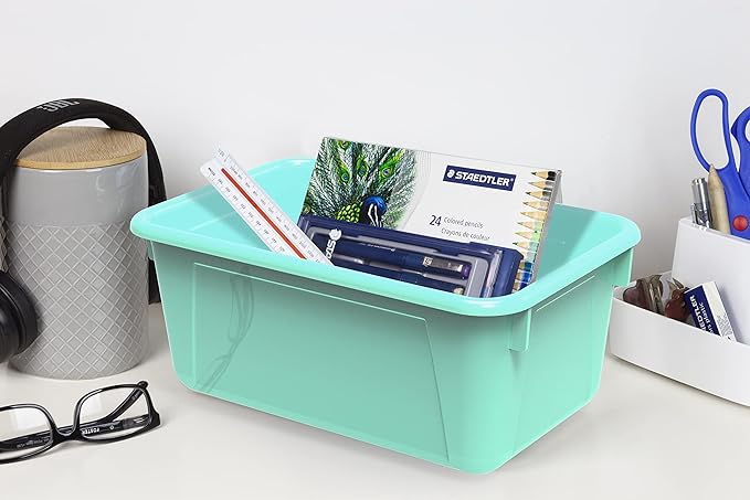Storex Small Cubby Bins – Plastic Storage Containers for Classroom with Non-Snap Lid, 12.2 x 7.8 x 5.1 inches, Teal, (62412U05C) (Pack of 5)