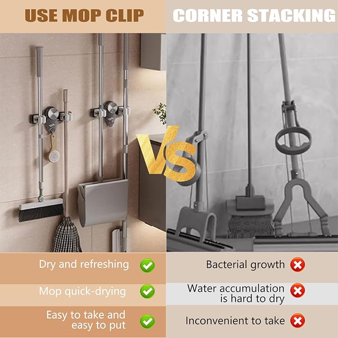 2PCS Suction Cup Broom Holder Wall Mount, No Drill Mop and Broom Organizer with Retractable Towel Rack, Transparent Bathroom Storage, ClearHome Decor