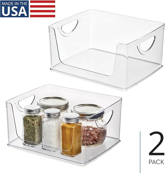 iDesign Stackable Open-Front Storage Bin with Handles for Kitchen, Set of 2, Clear, Made in USA