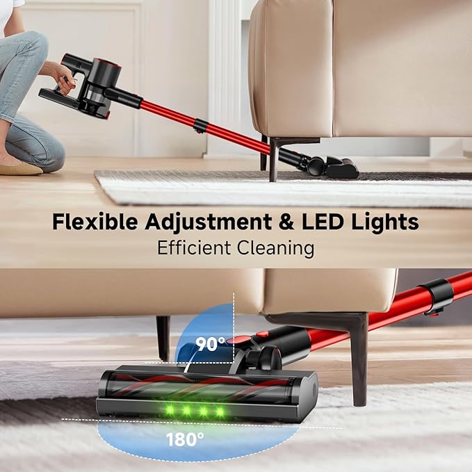 Cordless Stick Vacuum Cleaner, 38Kpa Powerful Suction Vacuum Cleaner with LED Headlight, Detachable Battery, 8-in-1 Lightweight Handheld Vacuums for Pet Hair Carpet and Hardwood Floor, Red