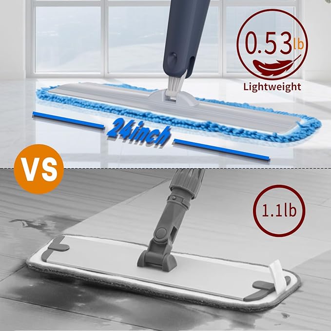 24" Dry mops for Floor Cleaning, 2-Pack Microfiber mop Spray System, Commercial Heavy-Duty Wet mops with 28oz Big Tank, 2 Washable Pads for Lobby, Pool, Factory, Office, Warehouse, Concert, Library