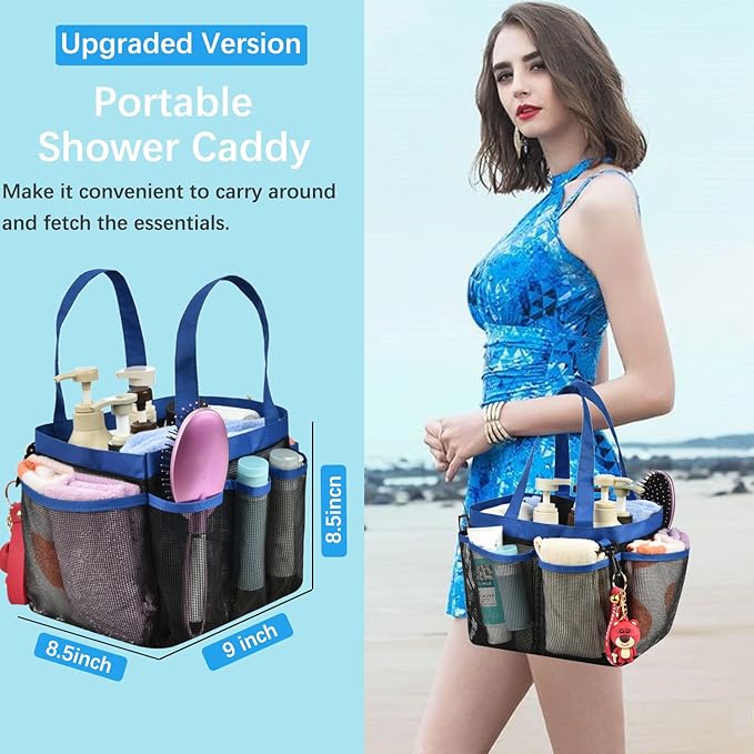 Haundry Mesh Shower Caddy Tote, Large College Dorm Bathroom Caddy Organizer with Hook and Handles, 8 Basket Pockets for Camp Swimming Travel Gym Beach