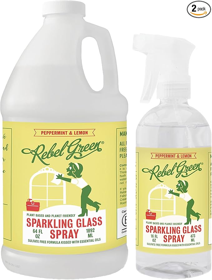 Rebel Green Sparkling Glass Spray - Streak-Free Natural Glass Cleaner for Windows, Mirrors, and Surfaces - Peppermint & Lemon Scent - 80 oz - 2 Pack