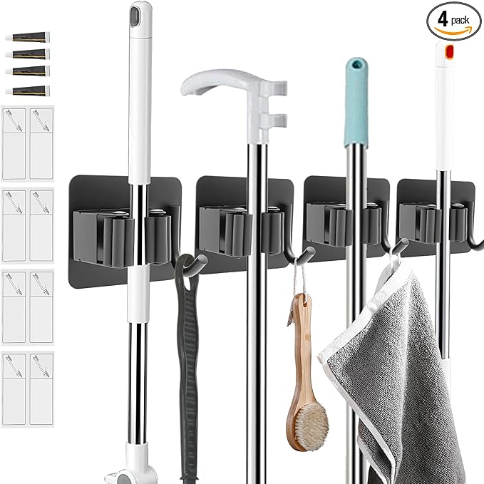 4 Pack Mop Broom Holder Wall Mounted, Stainless Steel Mop Broom Organizer with Hooks Hanger, No Drilling Self Adhesive Mop Handle Hanger for Kitchen Garage Office