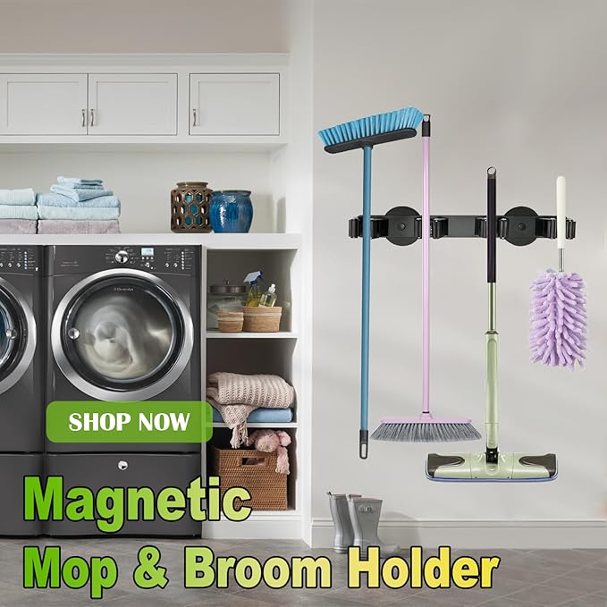 Strong Magnetic Mop Broom Holder, Heavy Duty Magnetic Mop Hanger for Refrigerators, Magnet Wall Mount Broom Holder for Cleaning Tools, Anti-slip Storage Rack for Home Kitchen Workshop Laundry Garage