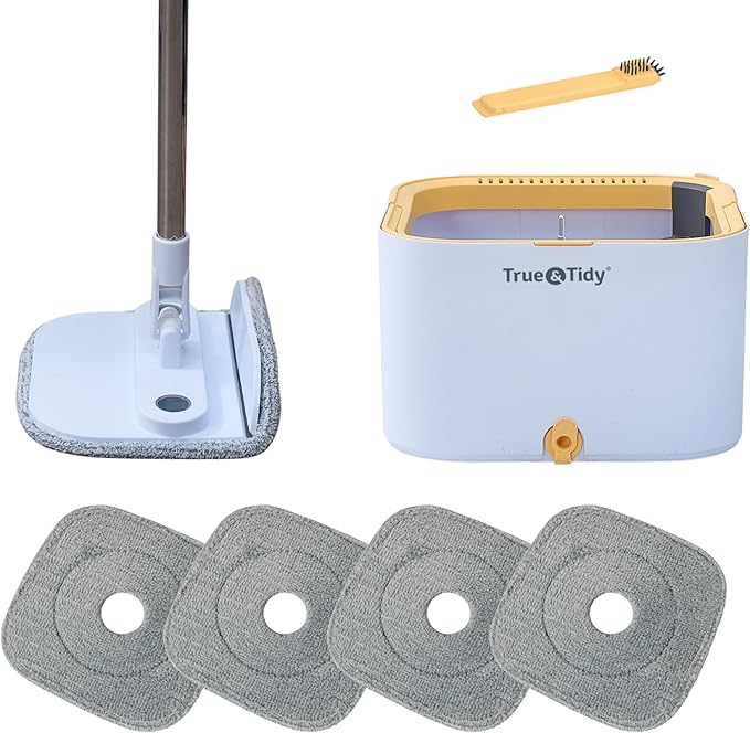 True & Tidy® TrueClean Mop and Bucket System Plus with New Easy Lift Inner Bucket, Self Wringing, Separates Clean from Dirty Water, Folding Mop Head, Dual Brush System, 4-pc Machine Washable Pads