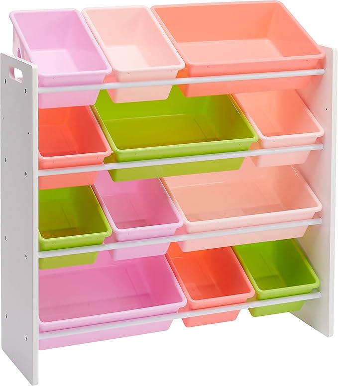 Amazon Basics Kids Toy Storage Organizer with 12 Plastic Bins, White Wood with Pink Bins, for Bedroom and Playroom, 10.9" D x 33.6" W x 31.1" H
