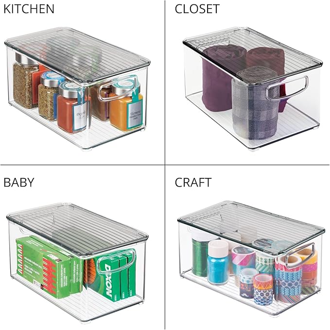 mDesign Deep Plastic Bathroom Storage Bin Box, Lid/Built-in Handles, Organization for Makeup, Hair Styling Tools, Toiletry Accessories in Cabinet, Shelves, Ligne Collection, 2 Pack, Clear/Smoke Gray