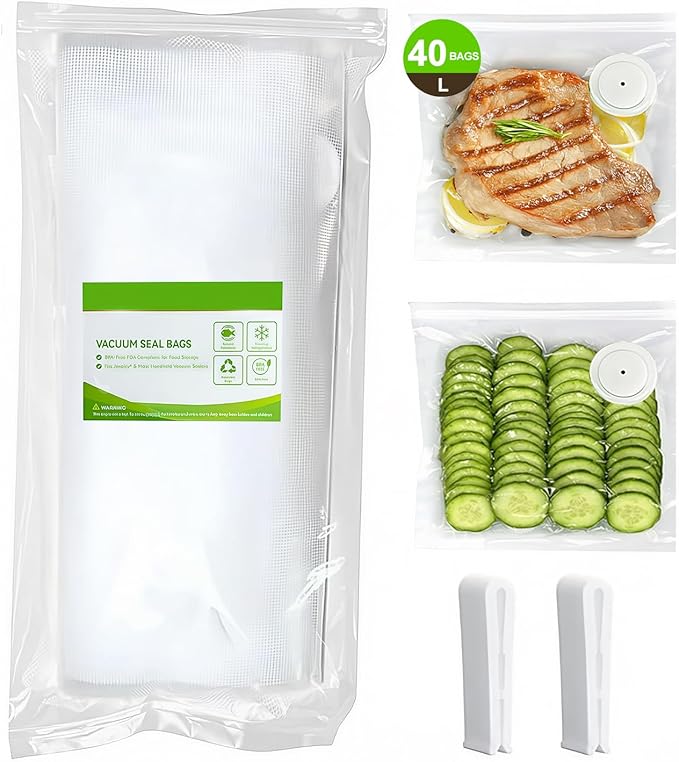 Vacuum Sealer For Food and Vacuum Sealer Bags Large（11.8×13.4in), 40 Reusable Vacuum Sealer Bags for Food and 2 Seal Clips for 10X Preservation & Fresh (Not Contain Vacuum Sealer)-Large Bags