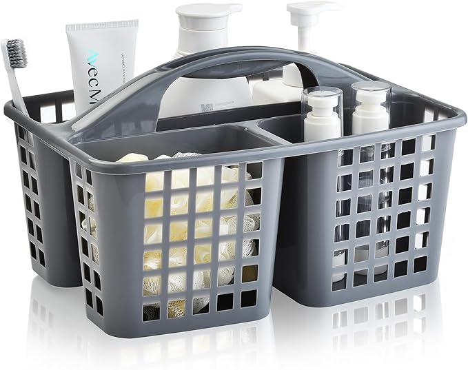 Haundry Plastic Shower Caddy Basket with 3 Compartments, Portable Divided Cleaning Supply Storage Organizer with Handle (Grey)