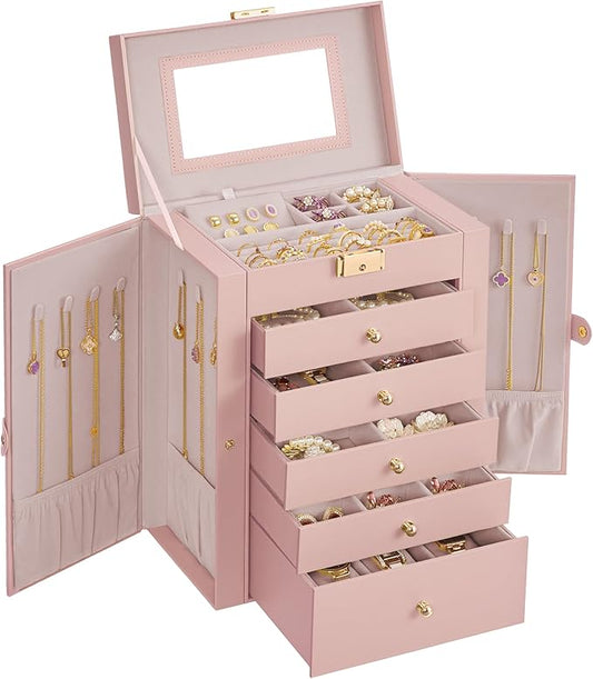 SONGMICS 6-Layer Jewelry Box Organizer with 5 Drawers, Jewelry Storage Case with Lock and Mirror, Large Storage Capacity, Gift for Loved Ones, for Necklaces, Watches, Jelly Pink UJBC152SA02S