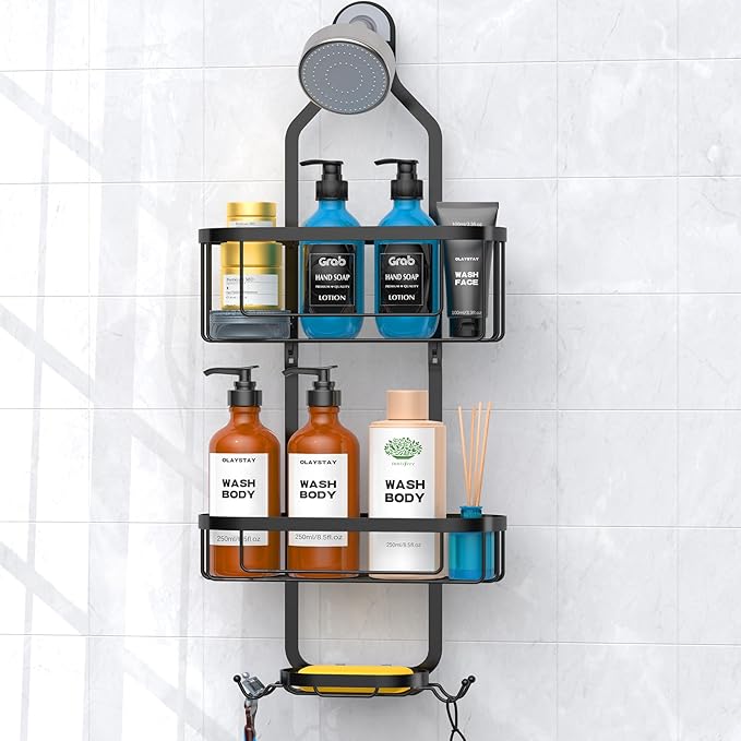 Kadolina Shower Caddy Hanging, Bathroom Shower Rack, Bathroom Organizer with Soap Dish, Over The Showerhead Caddy with Hooks for Razor/Sponge, Black [Patented]
