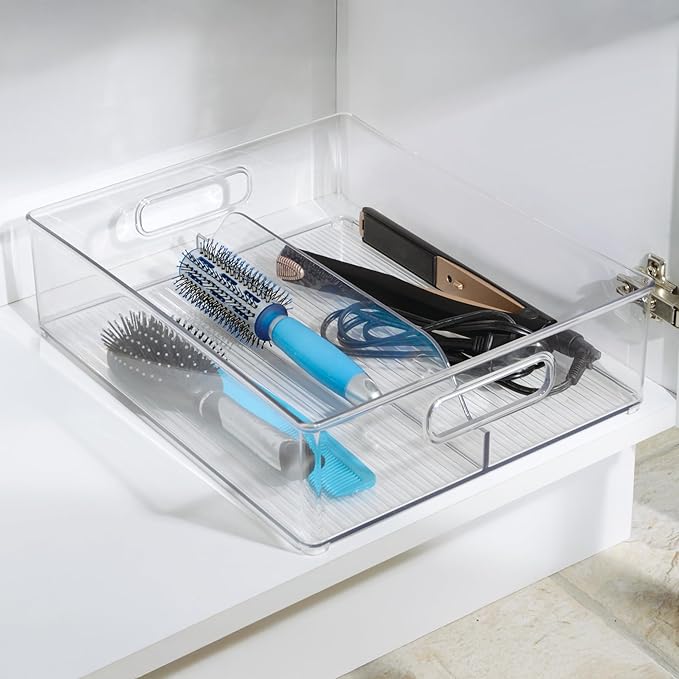 iDesign Divided Storage Bin with Handle for Pantry, Fridge, or Freezer, Clear, Made in USA