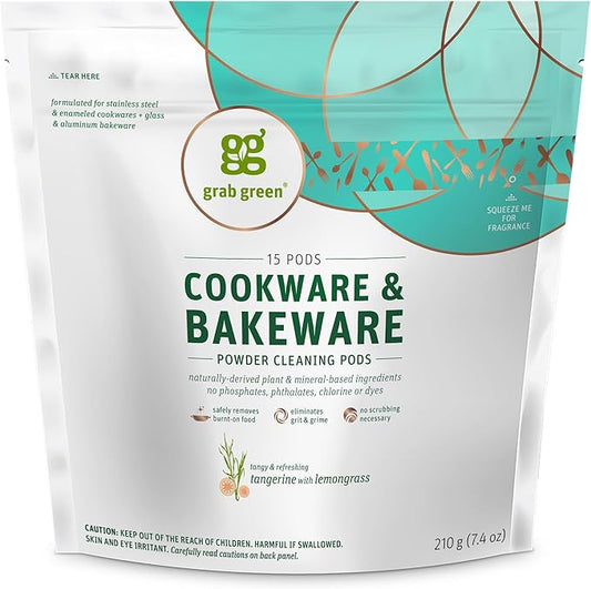 Grab Green Cookware and Bakeware Cleaner Pods,15 Pods, Tangerine Lemongrass Scent, Plant and Mineral Based, Removes Burnt-On Food, Eliminates Stains