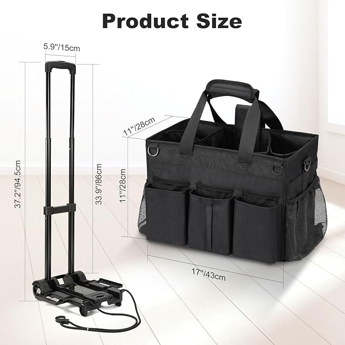 Housolution Rolling Cleaning Caddy Bag with Detachable Trolley, Professional Portable Large Cleaning Bag with Wheels, Wearable Cleaning Supply Bag on Wheels for Housekeepers, Black