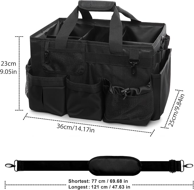 Large Cleaning Caddy Tote Bag with 4 Foldable Dividers Sturdy Support Board, Waterproof Cleaning Tools Organizer with Adjustable Shoulder Strap Waist Belt for Housekeepers, Cleaners Professional Use