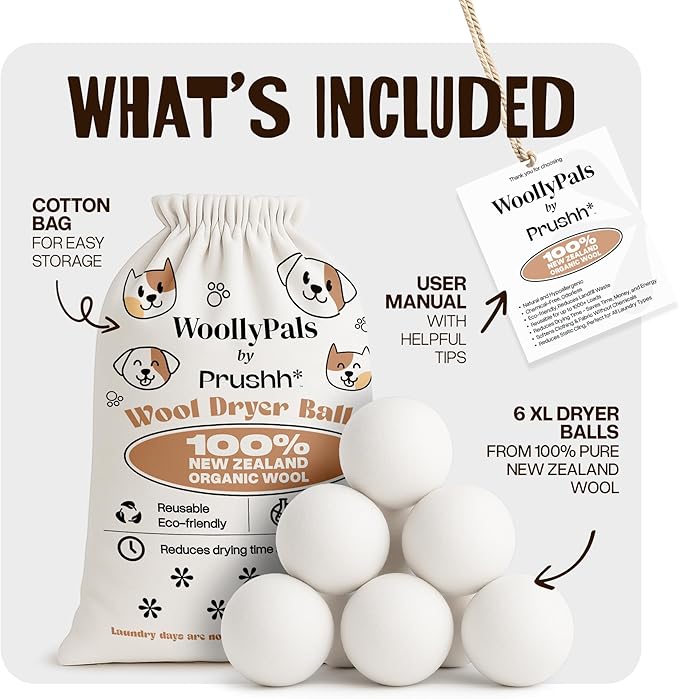 WoollyPals Dryer Balls (6-Pack, XL Size) - 100% New Zealand Wool - No More Dryer Sheets - Eco Dryer Balls - Reusable - Softens Laundry - Reduces Drying Time & Static - with Storage Bag (Plain White)