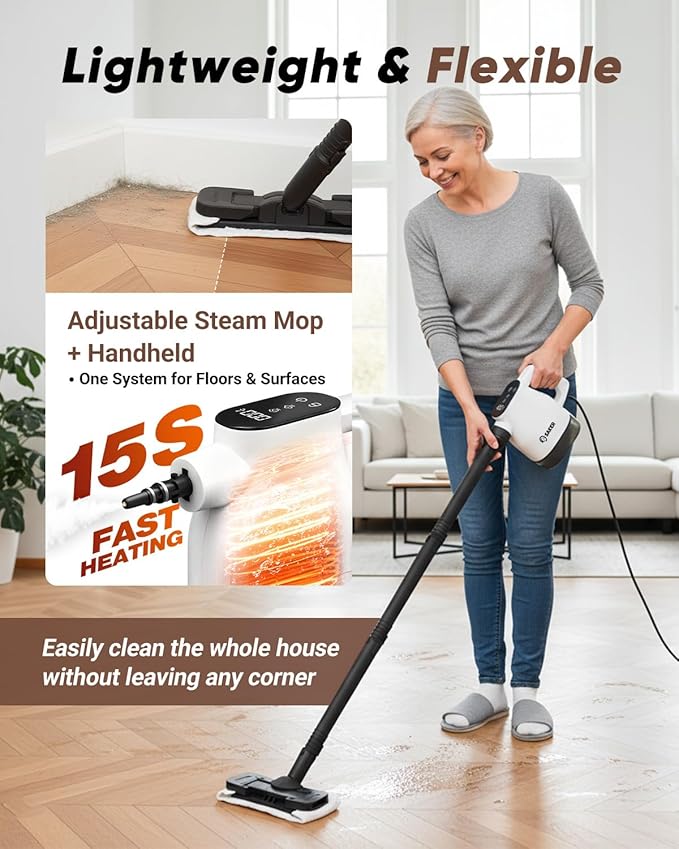 Saker EverSteam Instant-Heat Steam Cleaner for Home,15s Heat-up Handheld Steam Cleaner with Mop Attachment, Lightweight Portable Continuous Refill Steamer for Deep Cleaning of Floor, Car and Kitchen