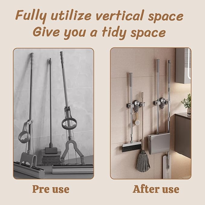 3 Pcs Wall Mounted Broom and Mop Holder Powerful Suction Cups Heavy Duty Garden Tool Organizer Rack for Garage,Self Adhesive Hanger, Spring Laundry Room Cleaning Organization
