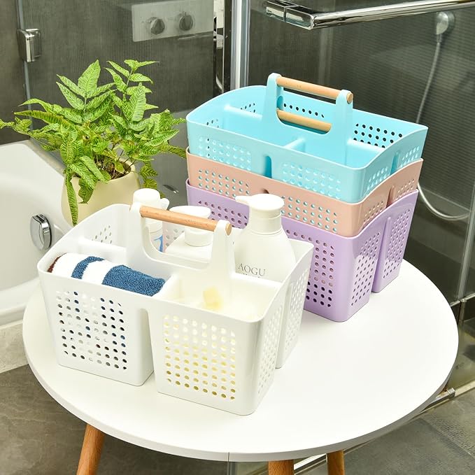 Portable Shower Caddy Basket with Compartments, Plastic Divided Cleaning Caddy Organizer Storage Tote with Handle for Bathroom, College, Dorm Room Essentials, Green